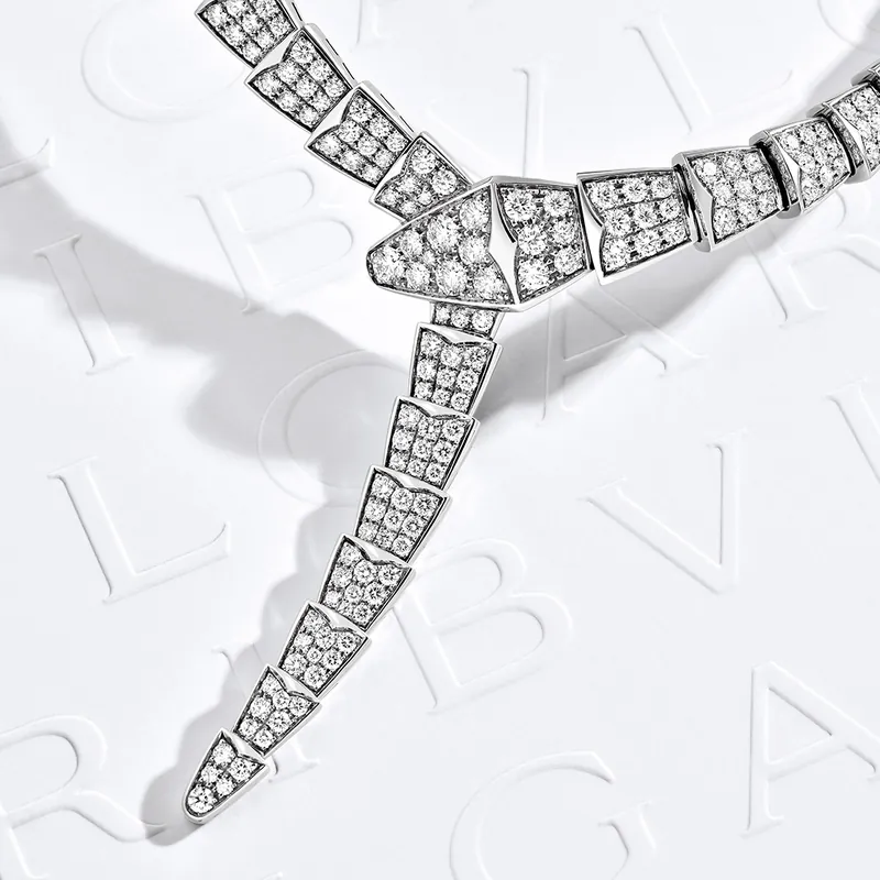 Serpenti necklace in white gold paved with diamonds, the snake's head and tapering tail lying on embossed BVLGARI paper