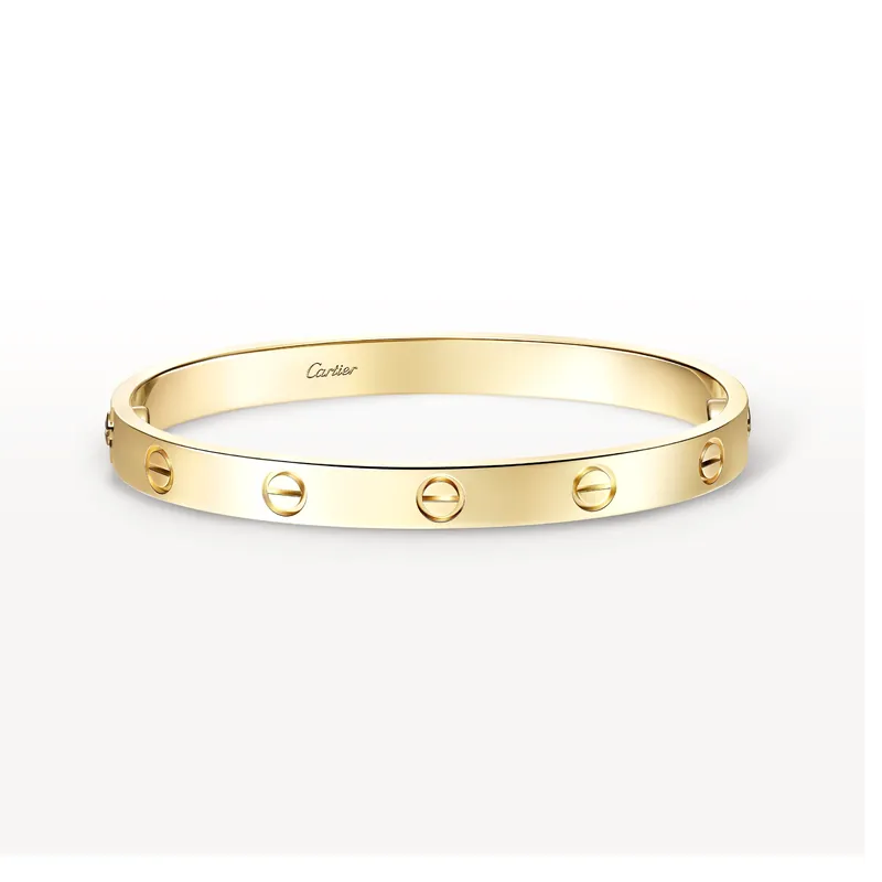 LOVE bracelet, classic model, in yellow gold with a row of screw heads, on a pale grey ground.