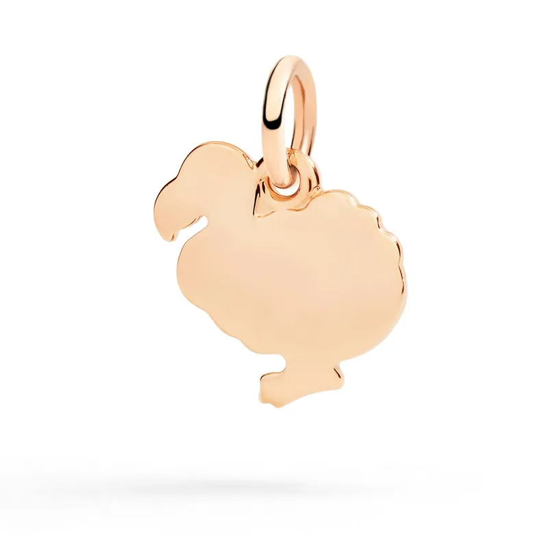 DoDo charm: a flat rose-gold silhouette of a dodo bird on a jump ring, on a white ground