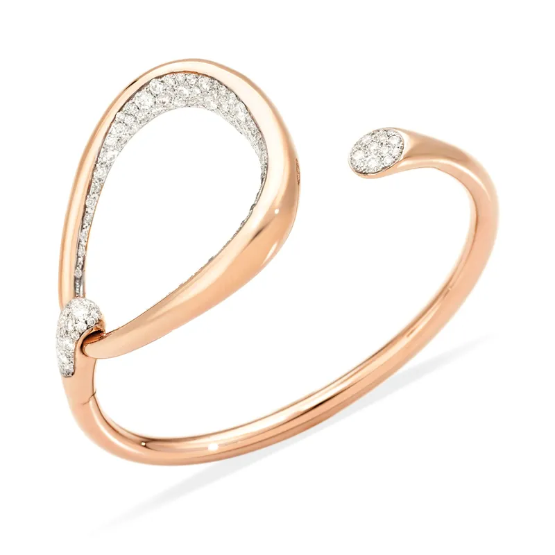Fantina bangle: an open rose-gold loop with a pavé-set inner edge and a diamond-tipped end, on a pale grey ground.