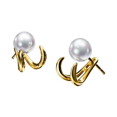 danger fang earrings: white Akoya pearl studs with two curved yellow gold fangs behind each pearl